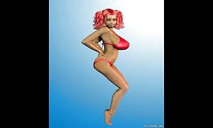 3D red haired with large
 fun bags in a red bikini